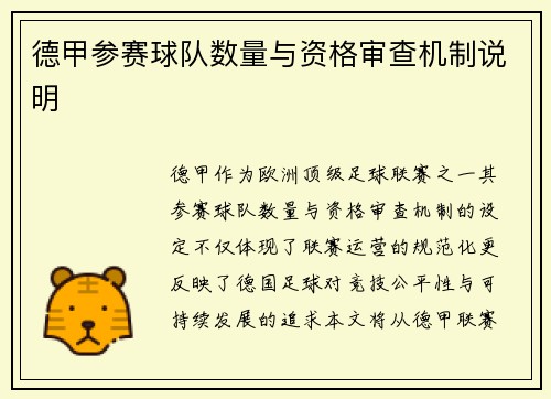 德甲参赛球队数量与资格审查机制说明